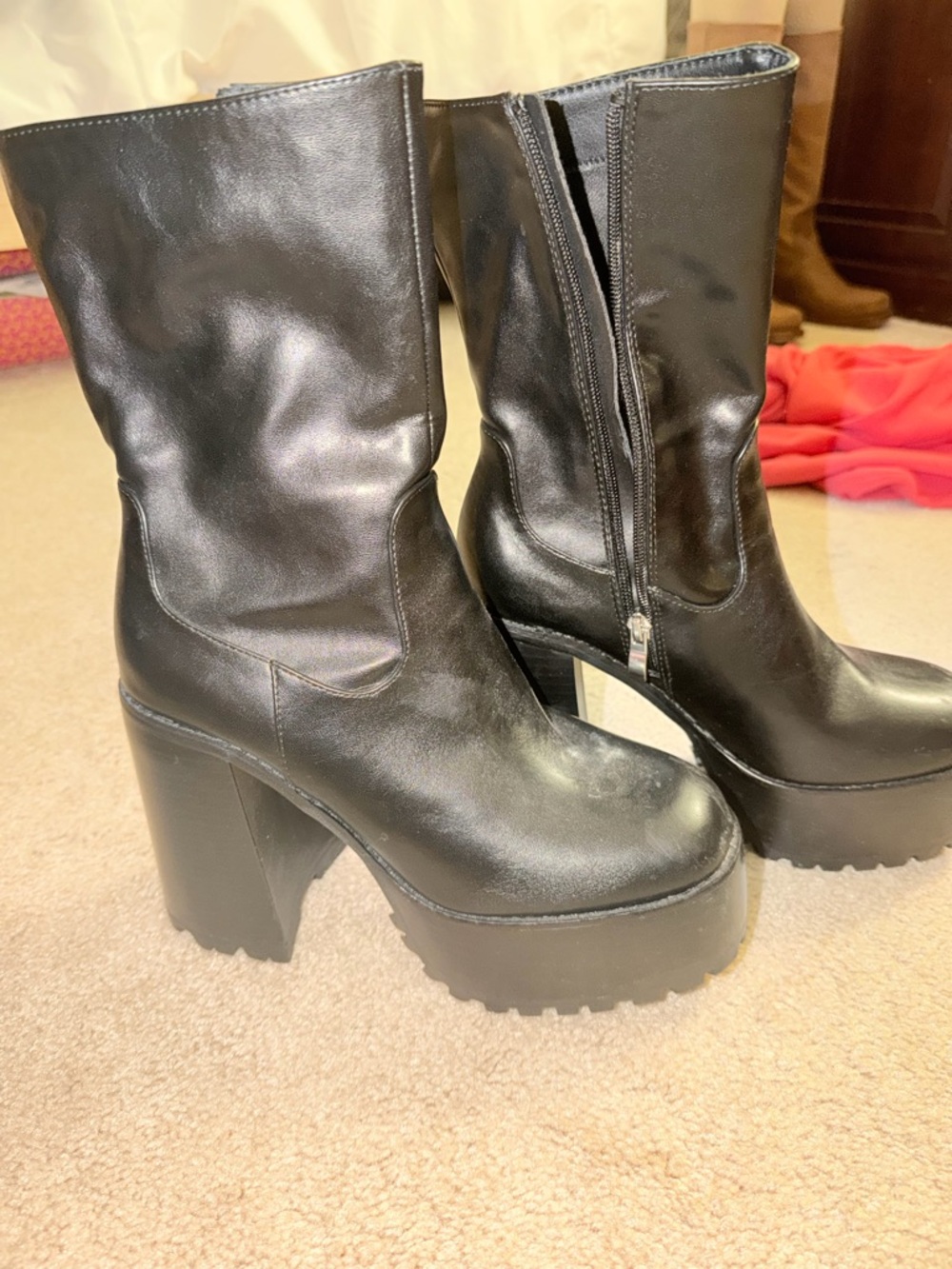 Princess Polly Black Platform Mid-Calf Zip Heeled Boots - Picture 4 of 6